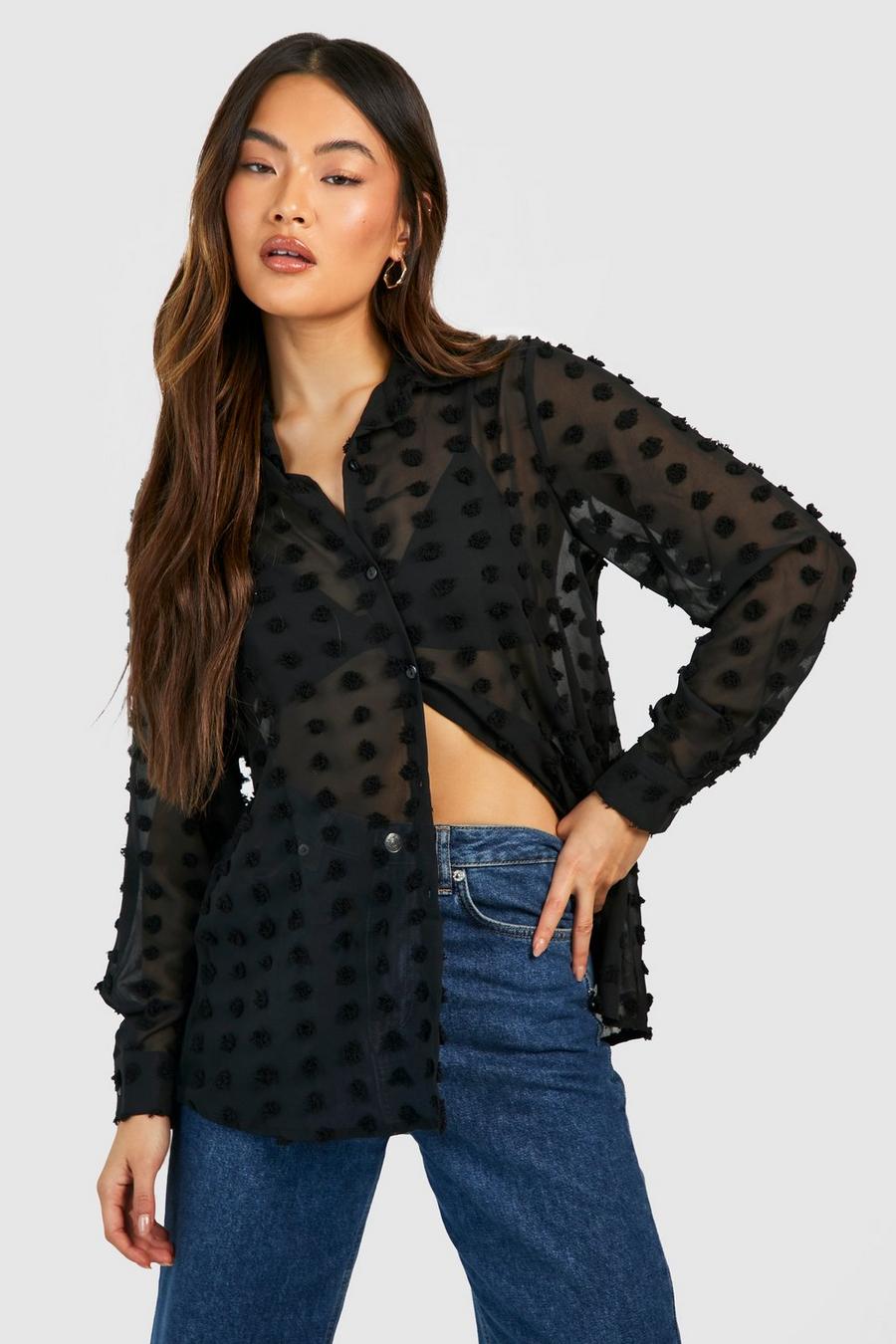 Camicia oversize a pois con trama, Black image number 1