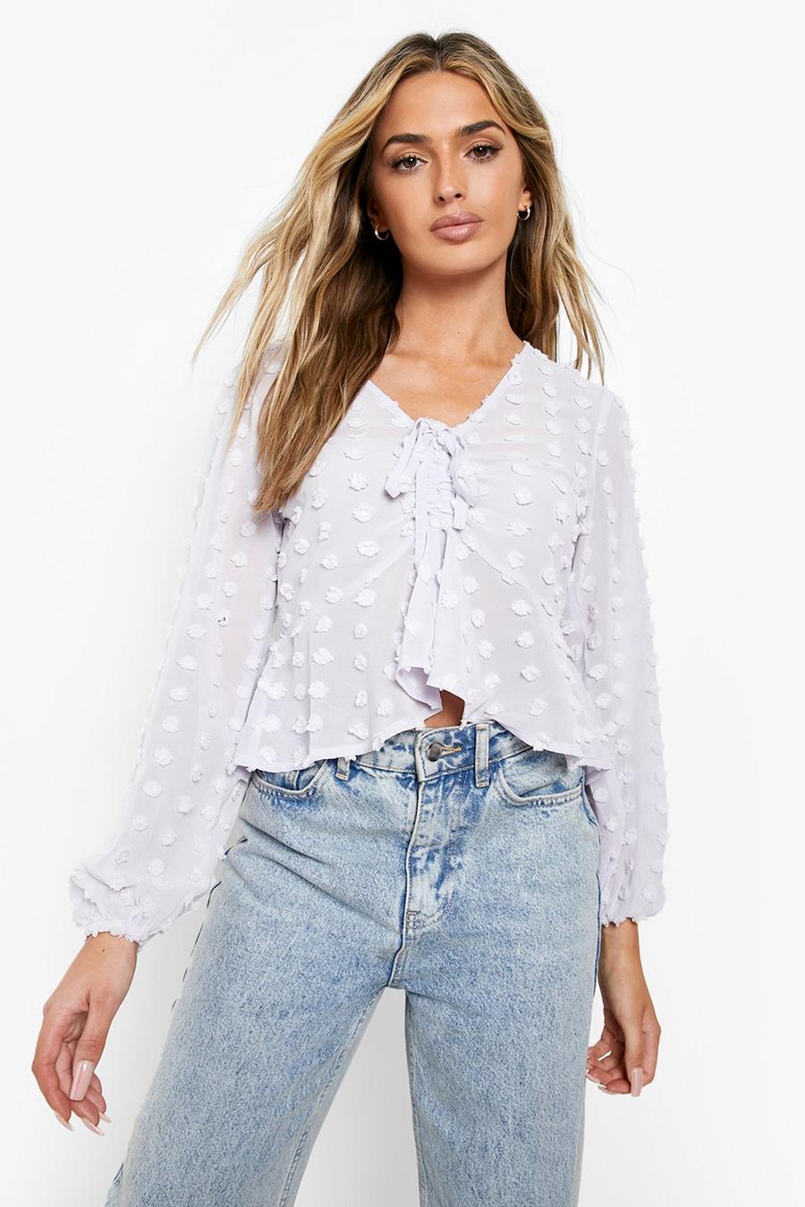 Lilac purple Textured Spot Tie Front Top