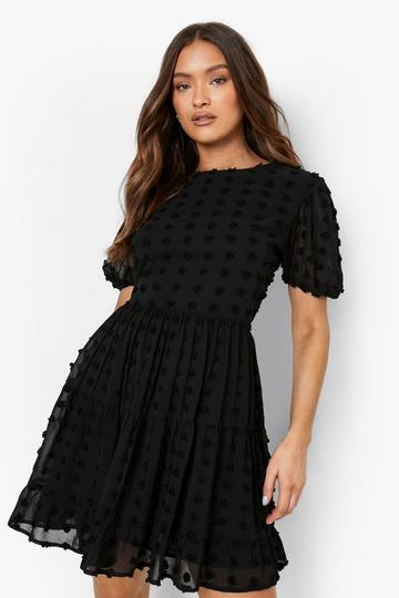 Textured Spot Tiered Smock Dress black