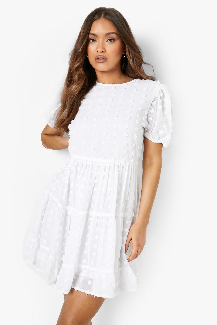 Cream Textured Spot Tiered Smock Dress image number 1
