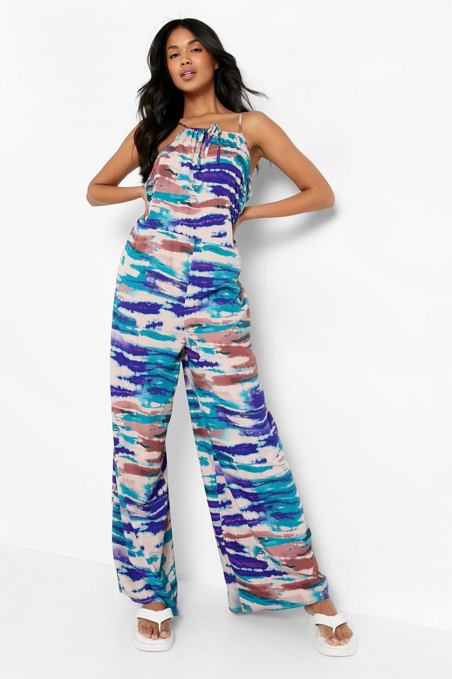 Purple Tie Dye Strappy Trapeze Jumpsuit image number 1