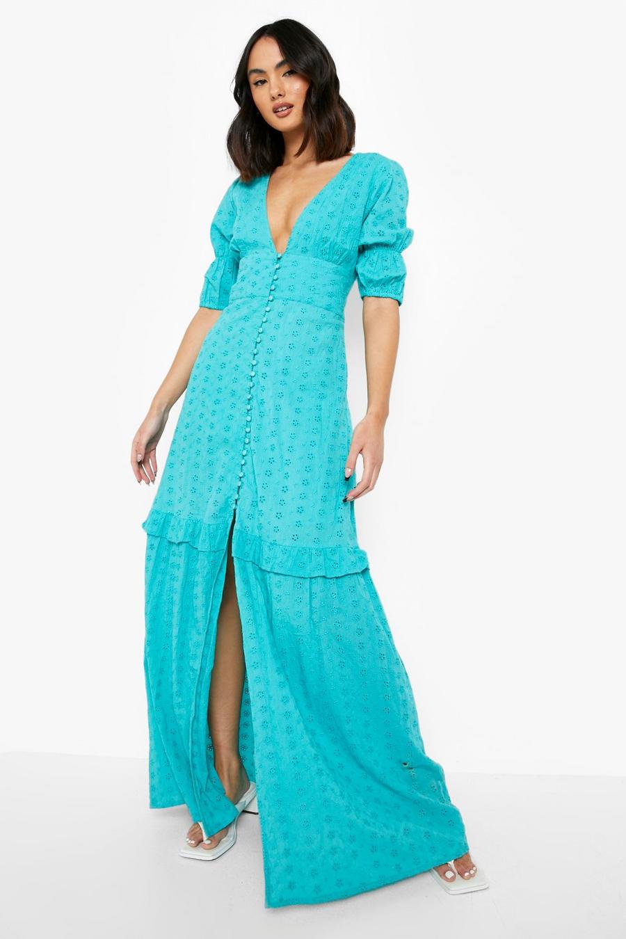 Broderie Puff Sleeve Maxi Dress, Aqua azzurro