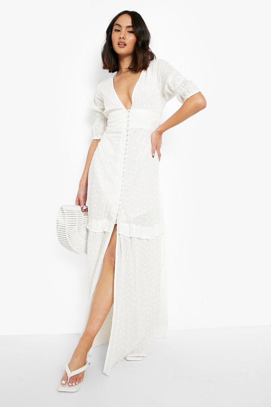 White Broderie Puff Sleeve Maxi Dress image number 1