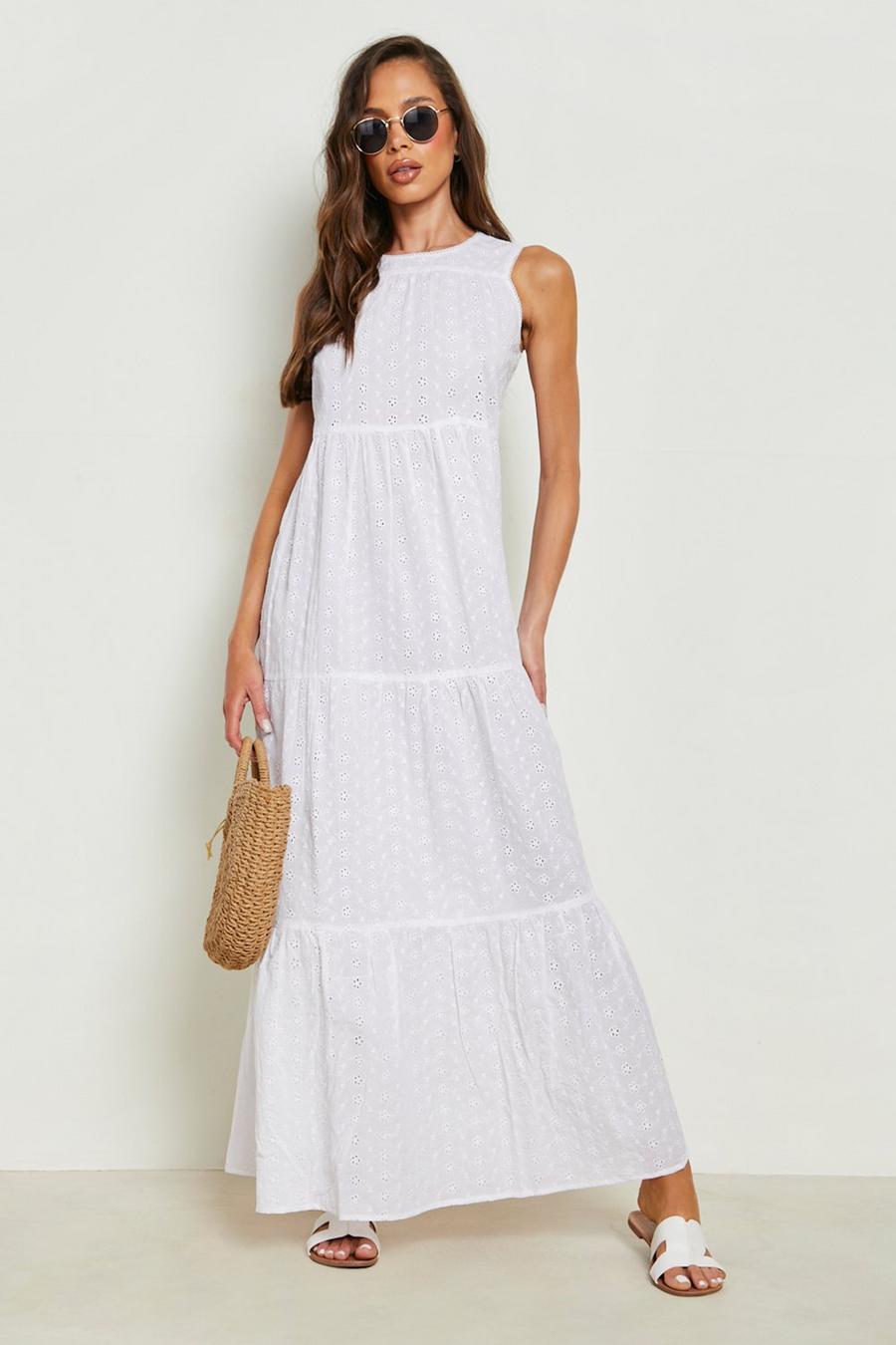 לבן שמלת מקסי רחבה ברודרי מדורגת