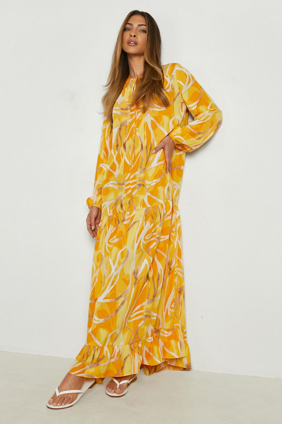 Yellow Printed Blouson Sleeve Maxi Smock Dress image number 1