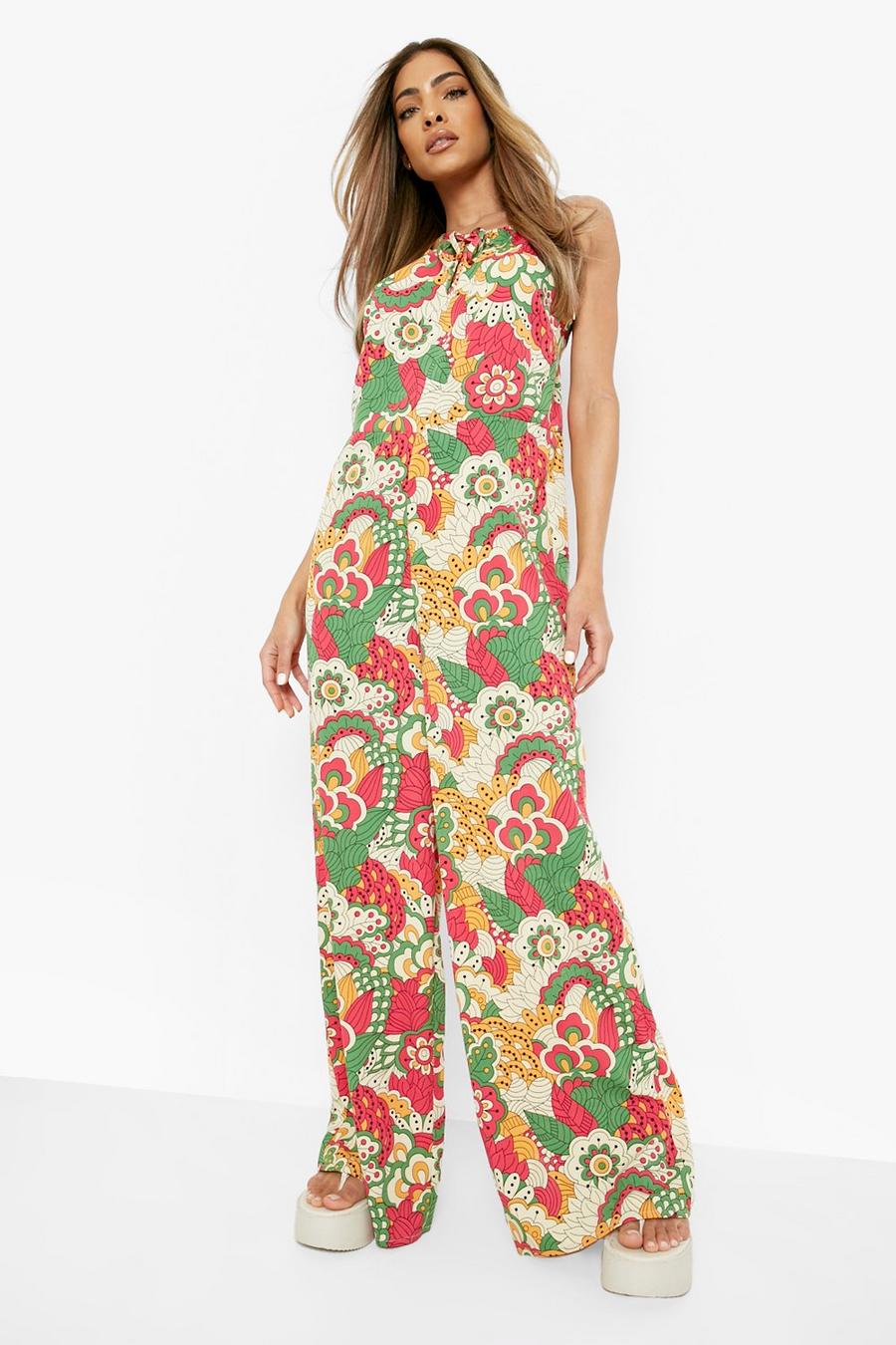 Pink Floral Print Strappy Trapeze Jumpsuit image number 1