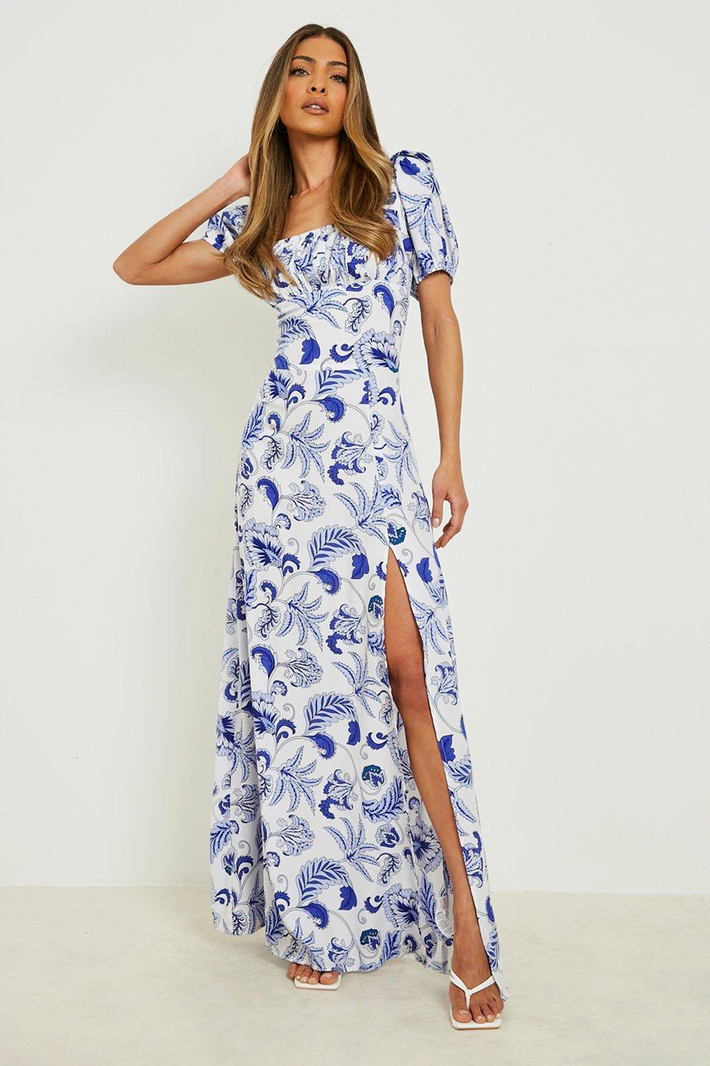 Blue and white clearance maxi dress with sleeves