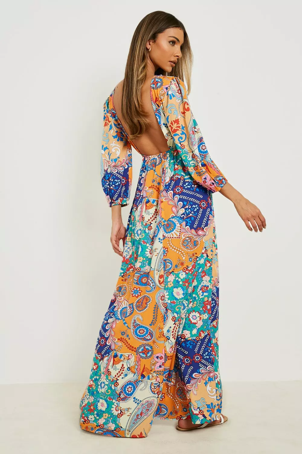 Orange Mixed Print Open Back Maxi Dress alternative image
