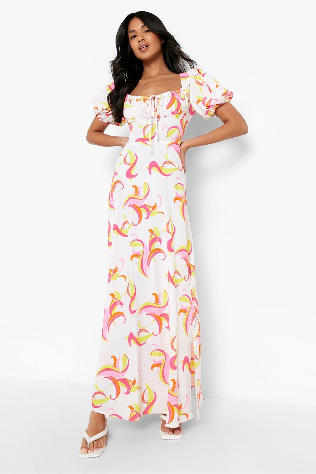 Robe longue froncée à imprimé fleuri