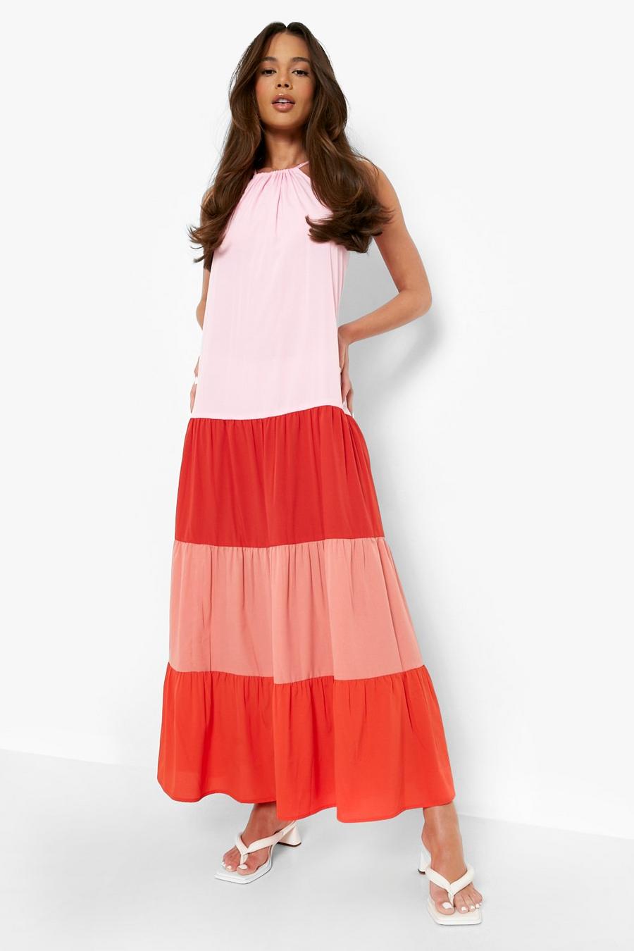 Pink Tiered Colour Block Maxi Dress
