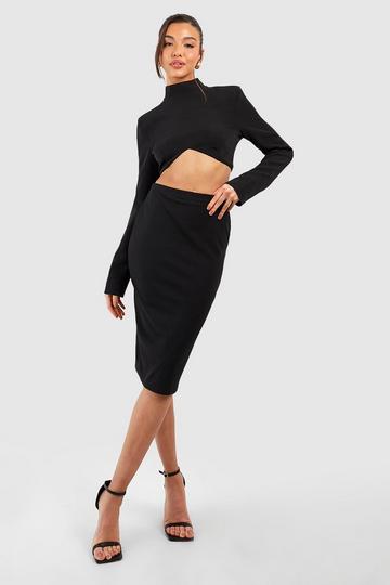 Black Heavy Weight Scuba Crepe Basic Midi Skirt