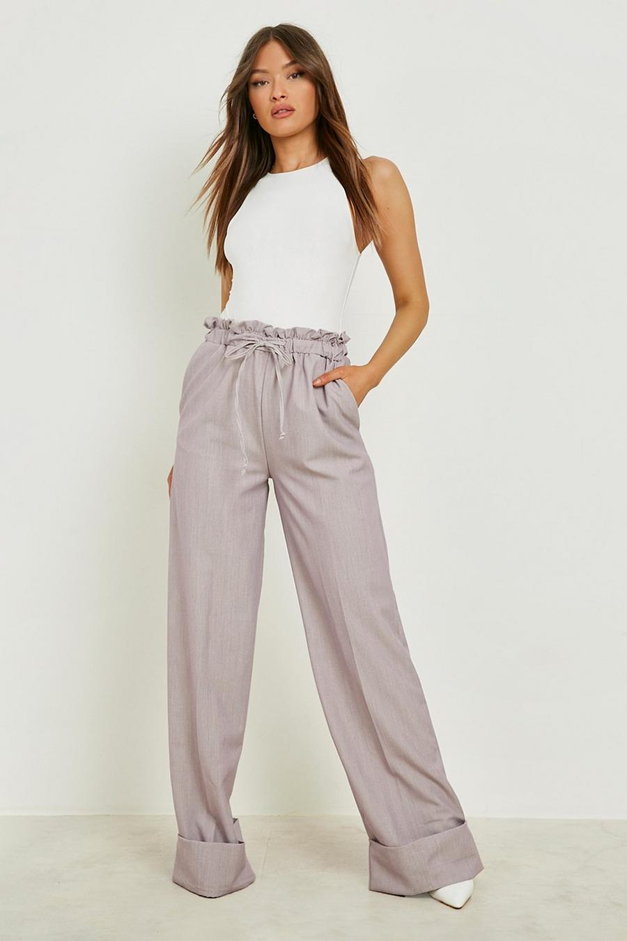 Taupe Paperbag Waist Turn Up Hem Wide Leg Trousers image number 1