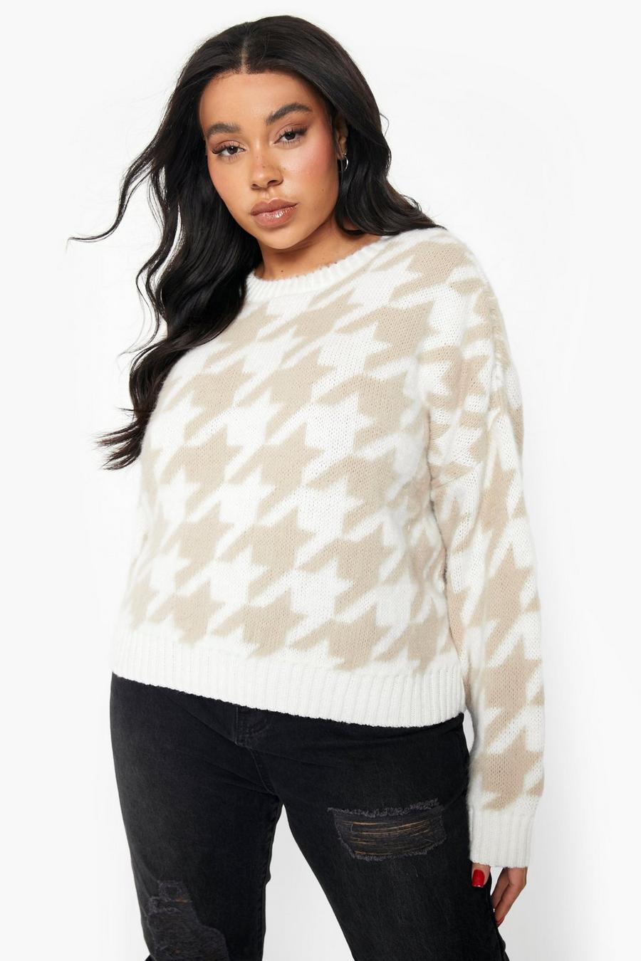 Stone Plus Brushed Knitted Dogtooth Jumper image number 1