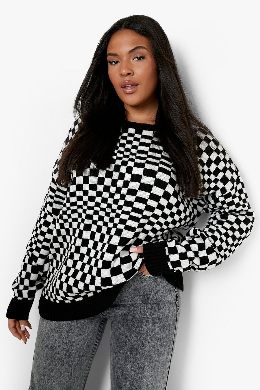 Black Plus Knitted Checkerboard Jumper image number 1