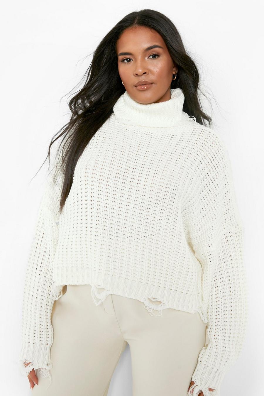 Ivory Plus Knitted Distressed High Neck Jumper image number 1