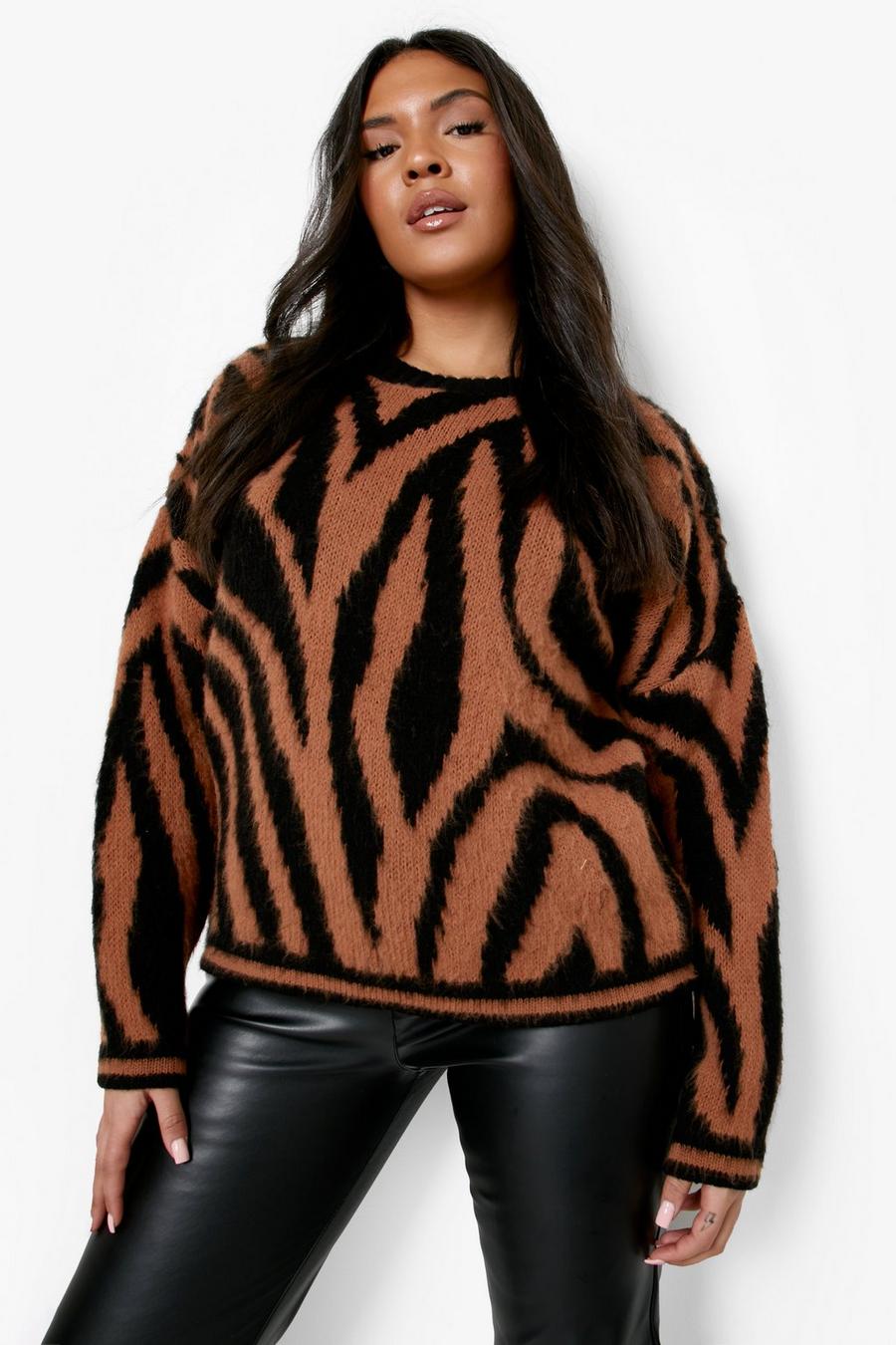 Tan brown Plus Fluffy Knitted Zebra Sweater image number 1