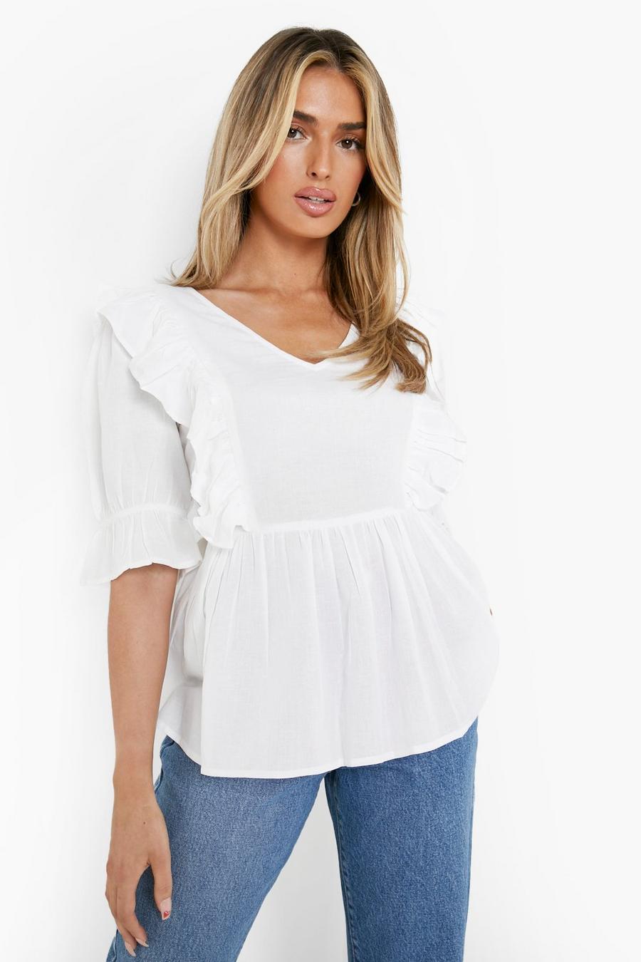 White Linen Frill Smock Top image number 1