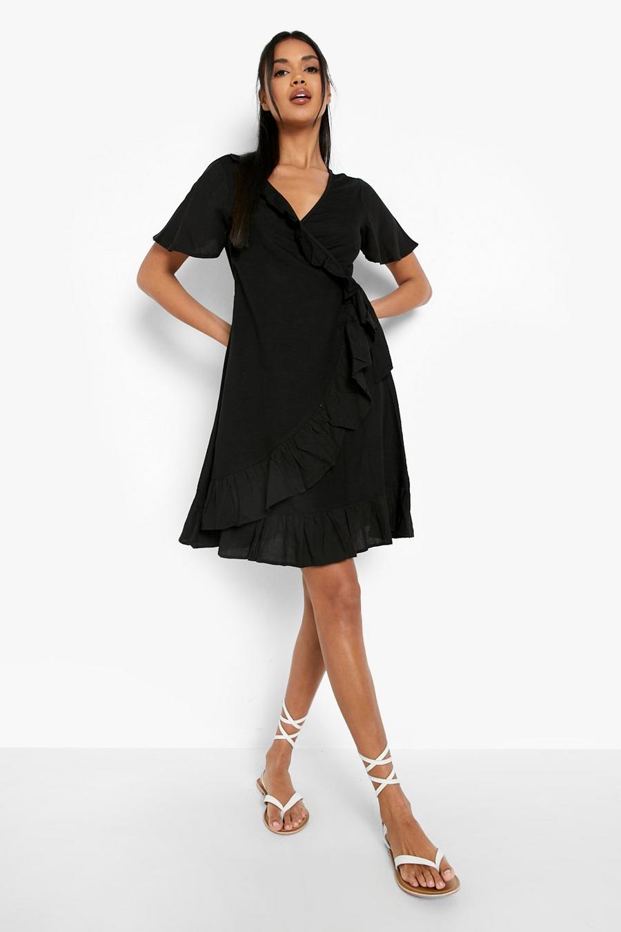 Black Linen Frill Detail Mini Dress image number 1