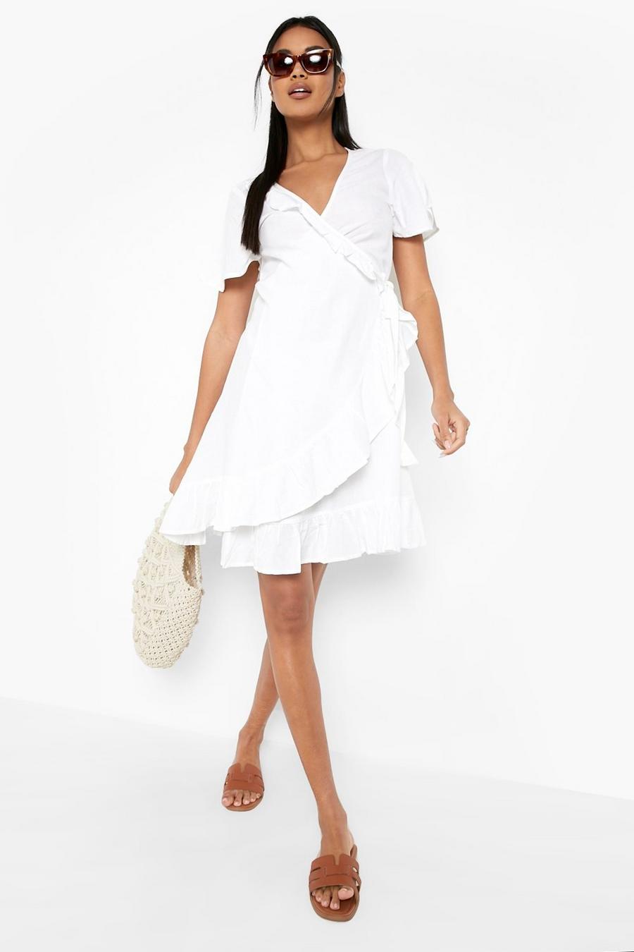 White Linen Frill Detail Mini Dress image number 1