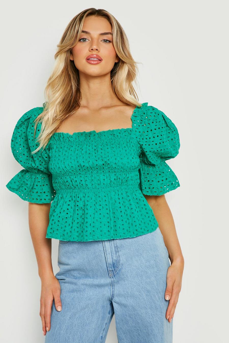 Green Broderie Puff Sleeve Top image number 1