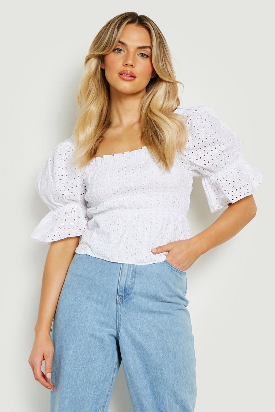 Ivory white Broderie Puff Sleeve Top