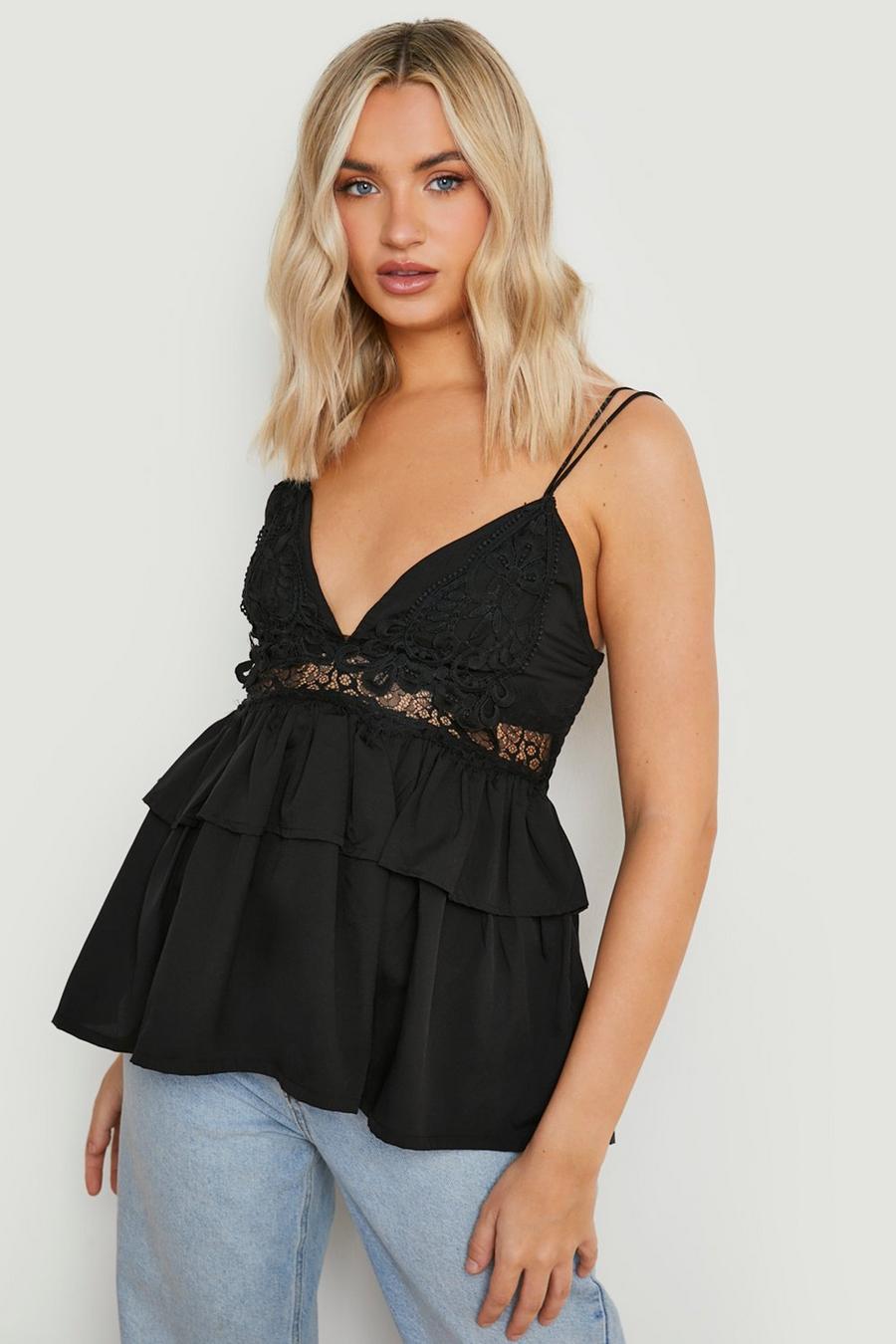 Black Broderie Tiered Strappy Top image number 1