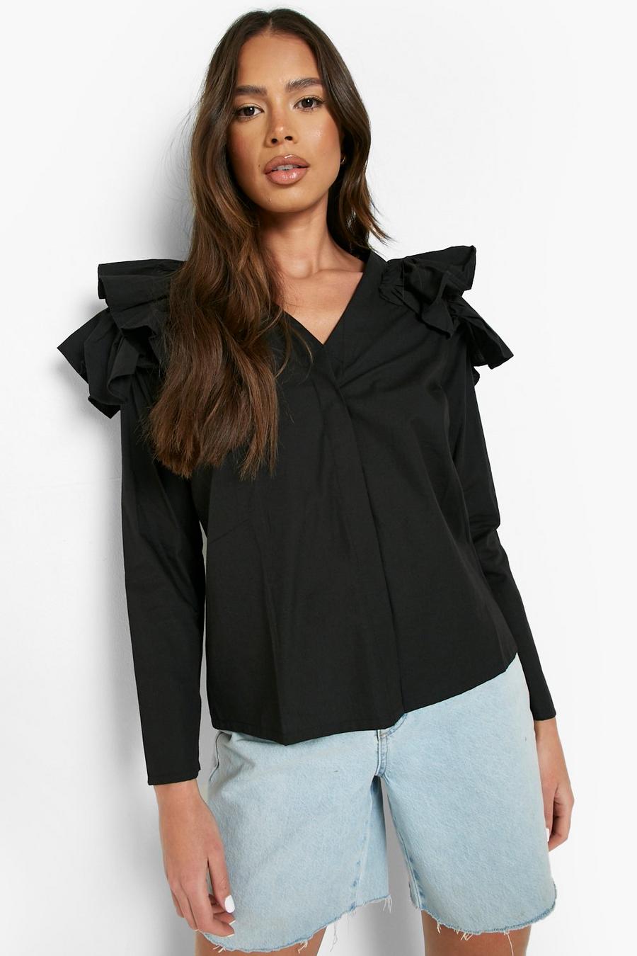 Bluse aus Baumwolle mit Rüschendetail, Black image number 1