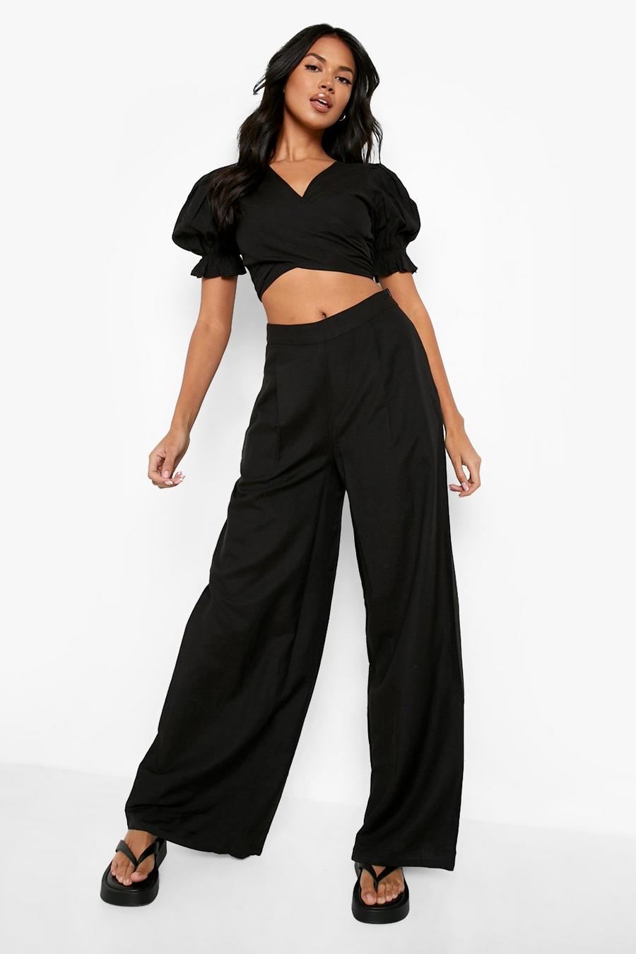 Black Linen Wide Leg Relaxed Fit Pants image number 1