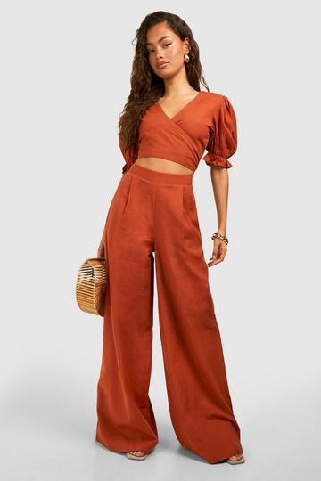 Linen Look Wide Leg Relaxed Fit Trousers terracotta