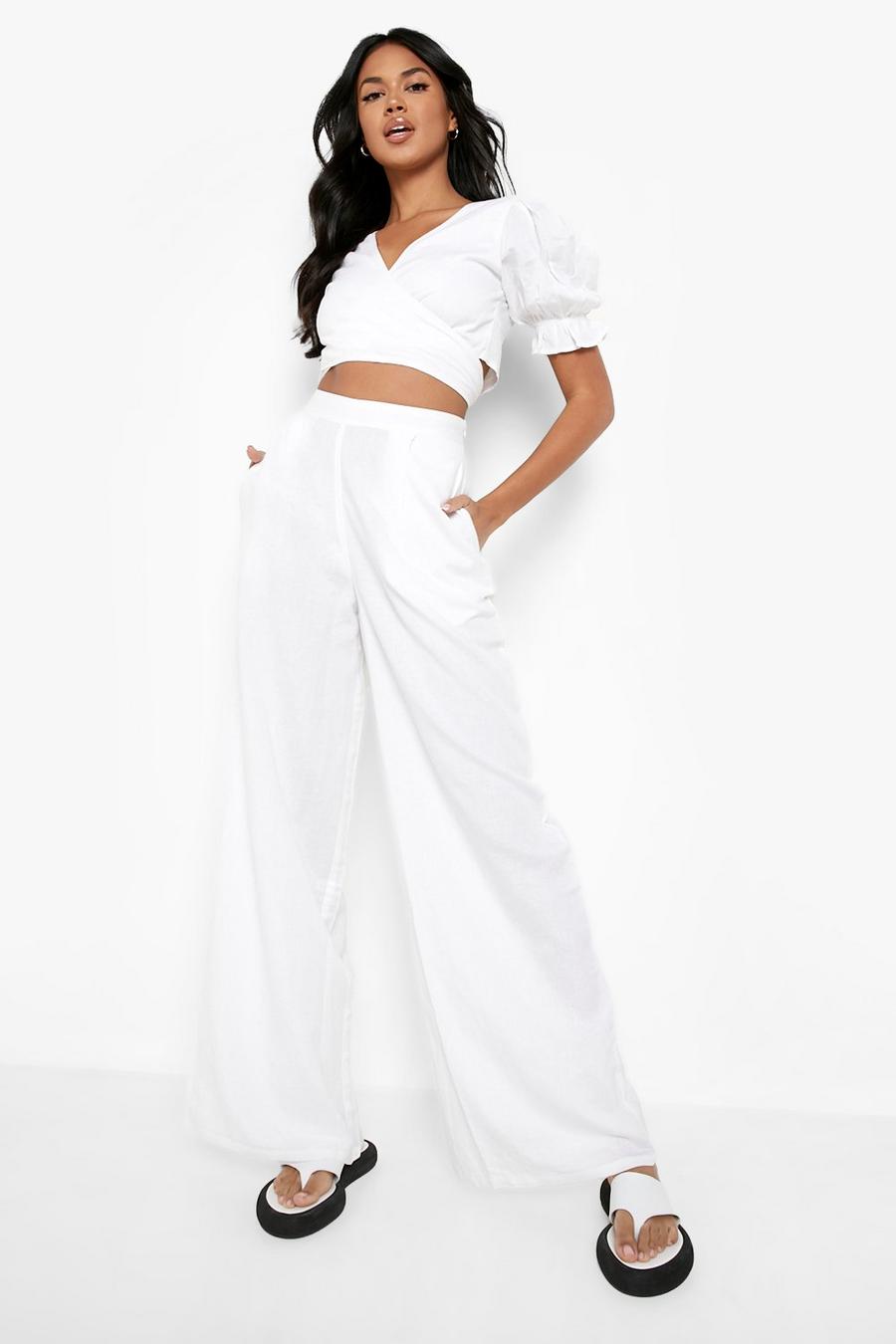 White Linen Wide Leg Relaxed Fit Pants image number 1