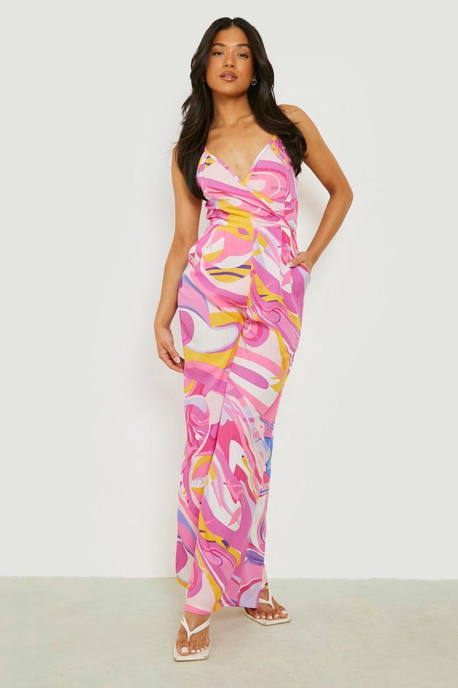 Pink Petite Abstract Marble Wrap Front Jumpsuit image number 1