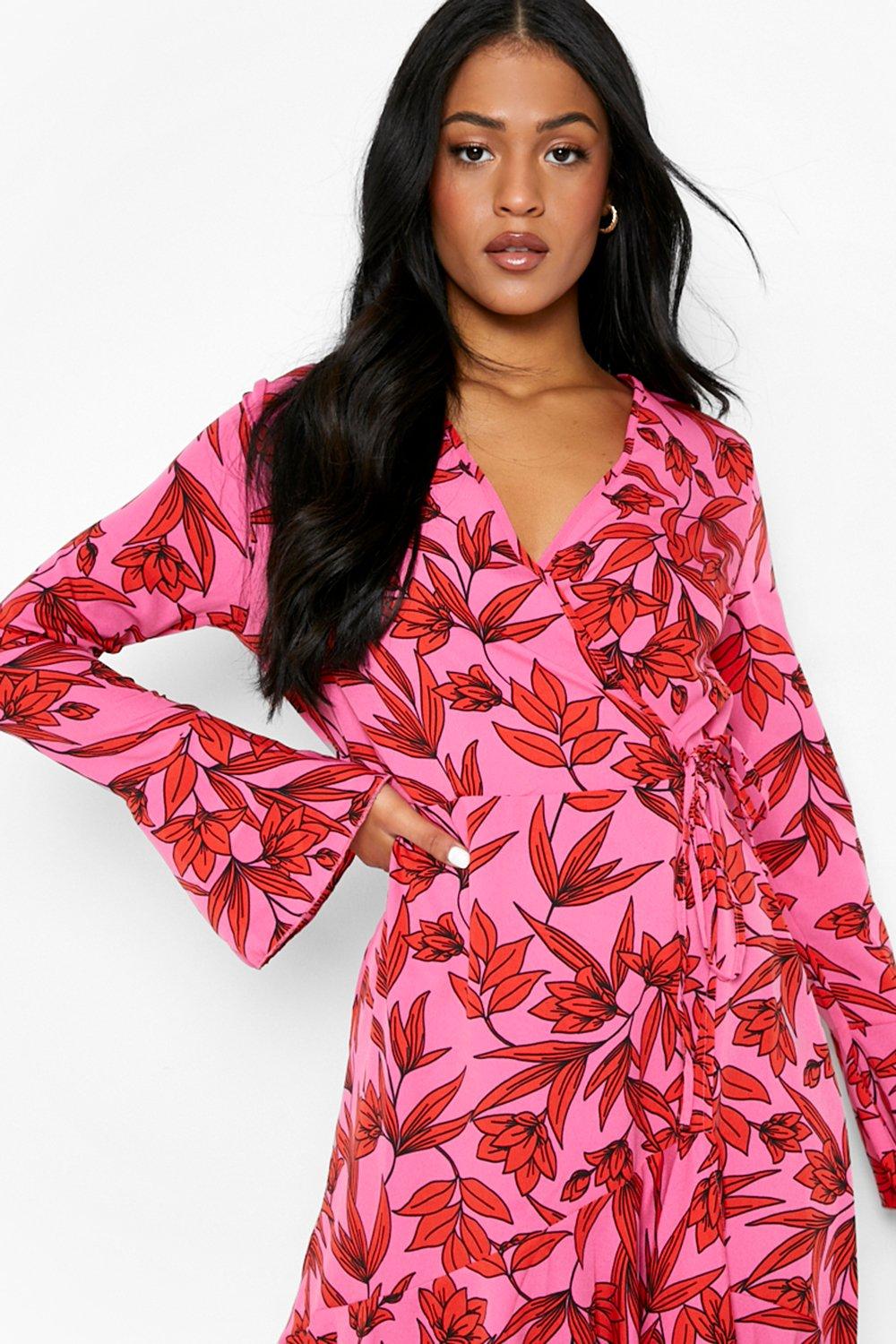 Boohoo pink wrap clearance dress