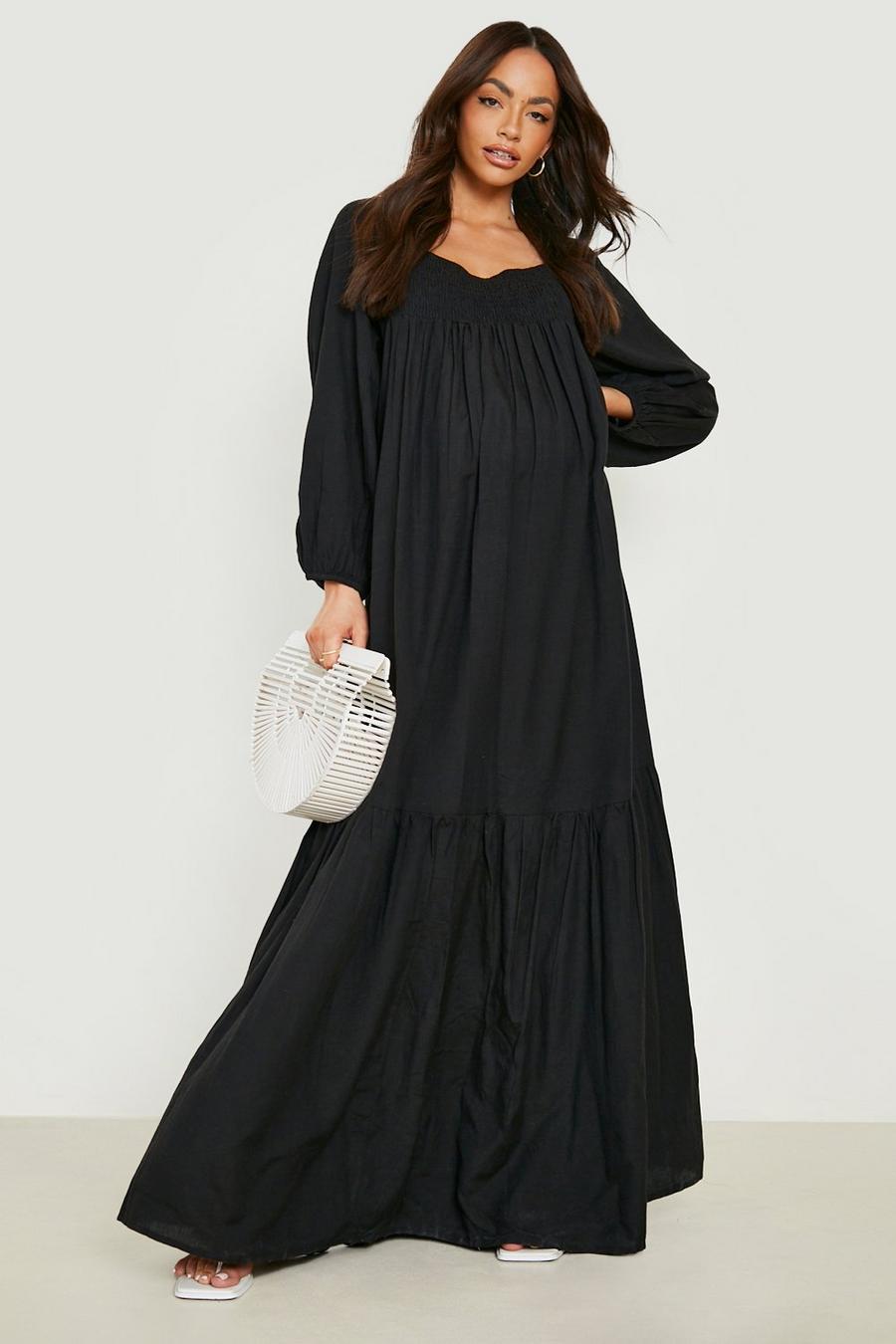 Black Maternity Linen Volume Sleeve Maxi Dress image number 1