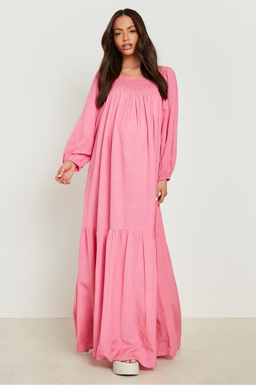 Rose pink rosa Mammakläder - Långklänning i linnetyg med volymärm