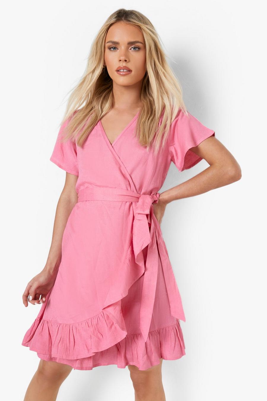 Pink Petite Linen Ruffle Wrap Tea Dress