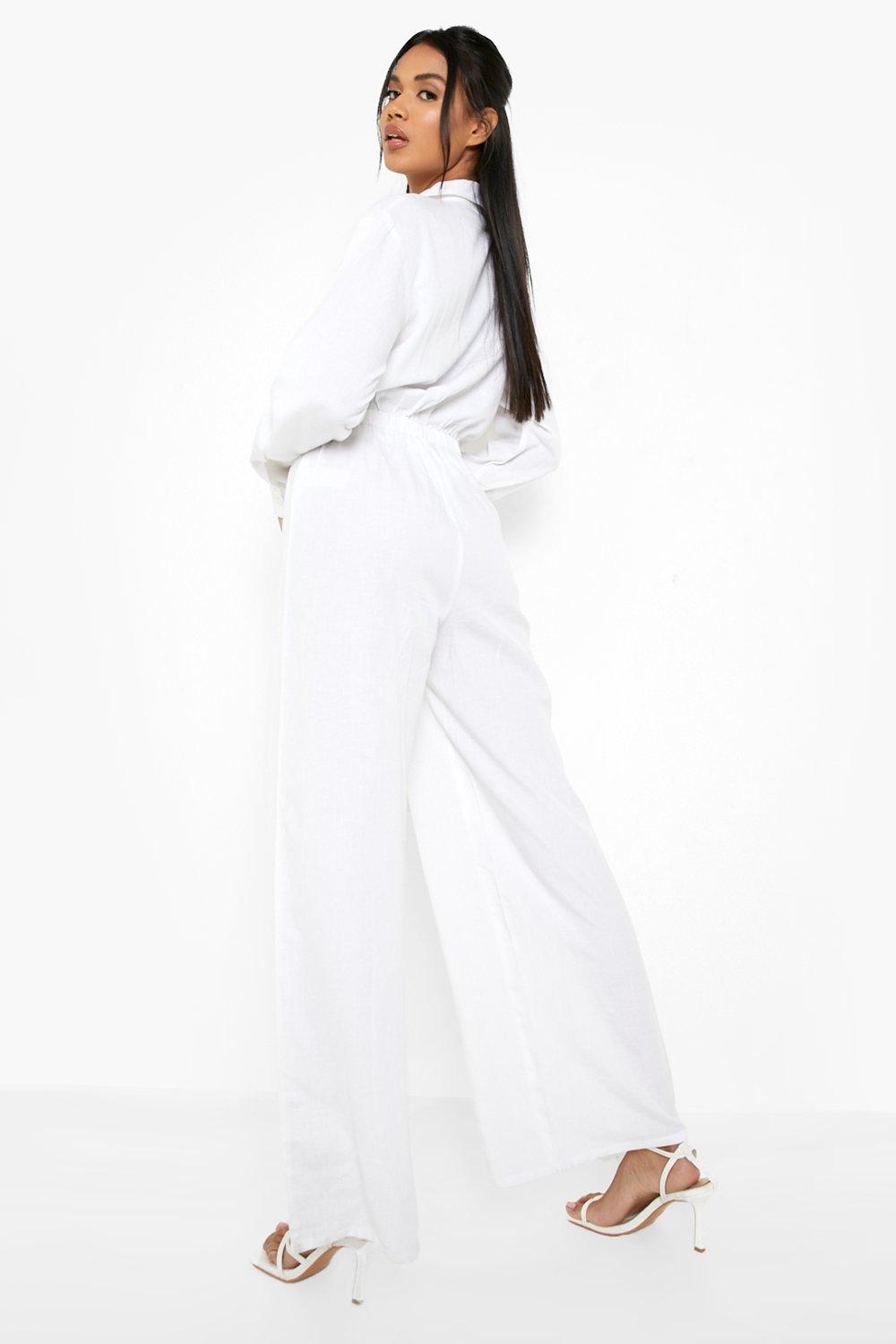 White linen cheap jumpsuit long sleeve