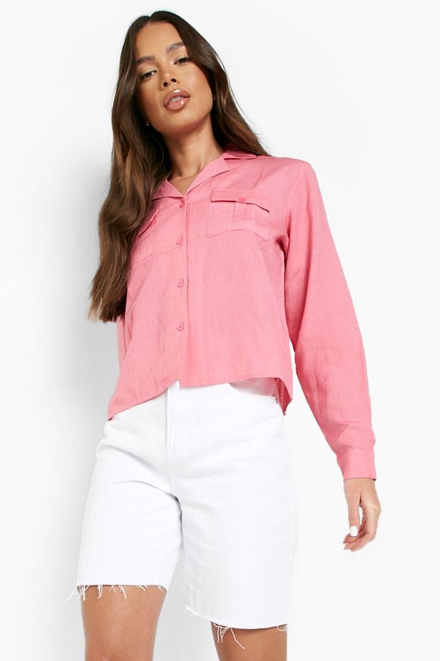 Pink rose Linen Pocket Detail Crop Utility Shirt image number 1
