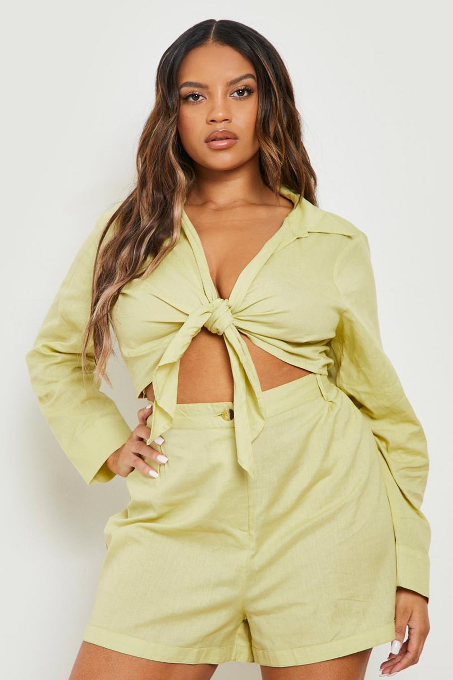 Lime green Plus Linen Long Sleeve Shirt & Short Co Ord