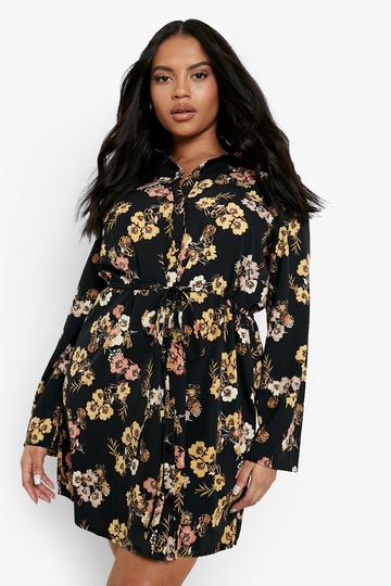 Black Plus Drawstring Waist Shirt Dress