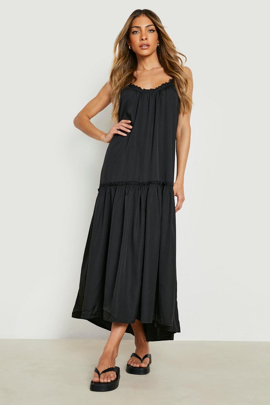 Black Woven Ruffle Tiered Hem Tie Strap Maxi Dress image number 1