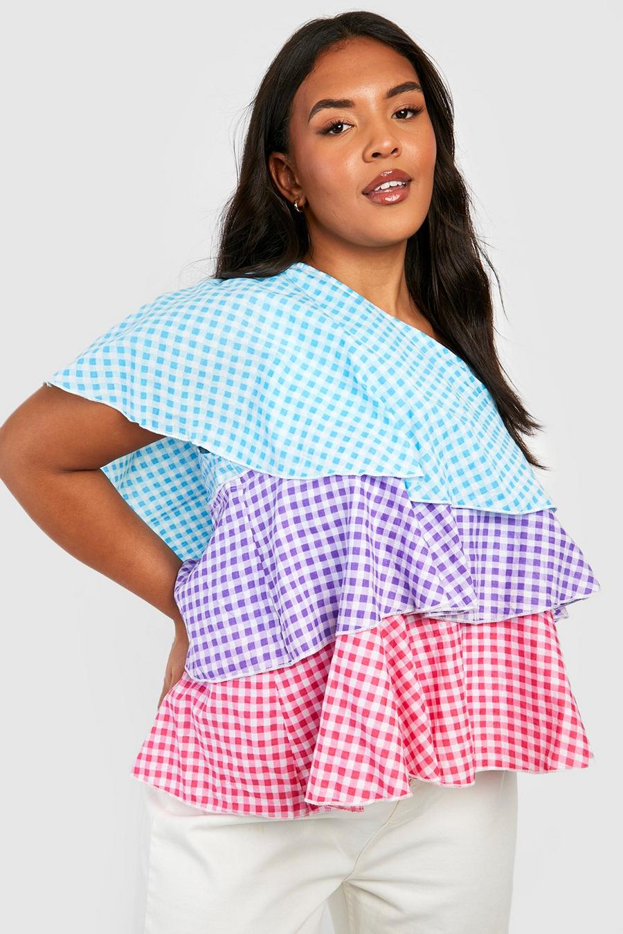 Multi Plus Gingham Ruffle One Shoulder Top image number 1