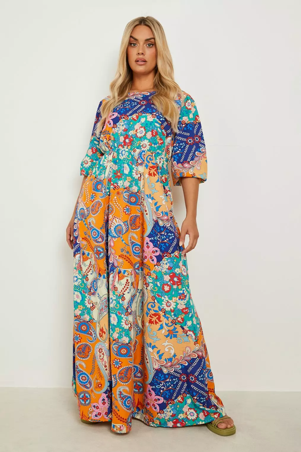 Mixed Print Open Back Maxi Dress