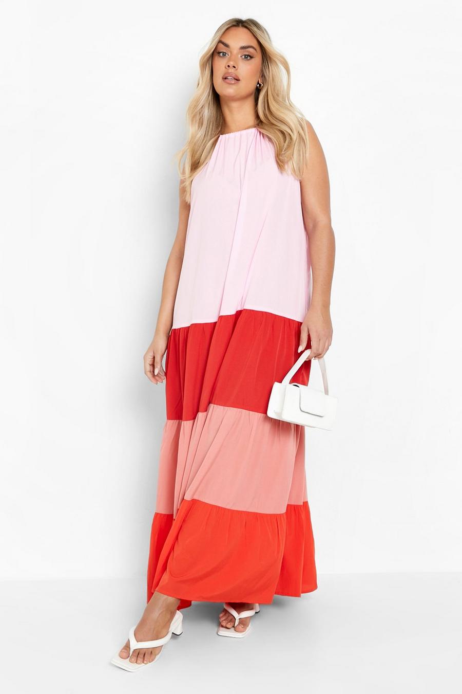 Pink שמלת מקסי קולור בלוק מדורגת למידות גדולות image number 1