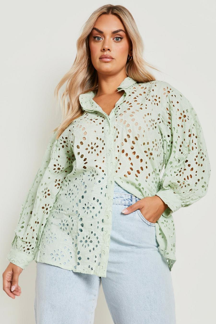 Camicia Plus Size oversize in pizzo sangallo, Mint verde