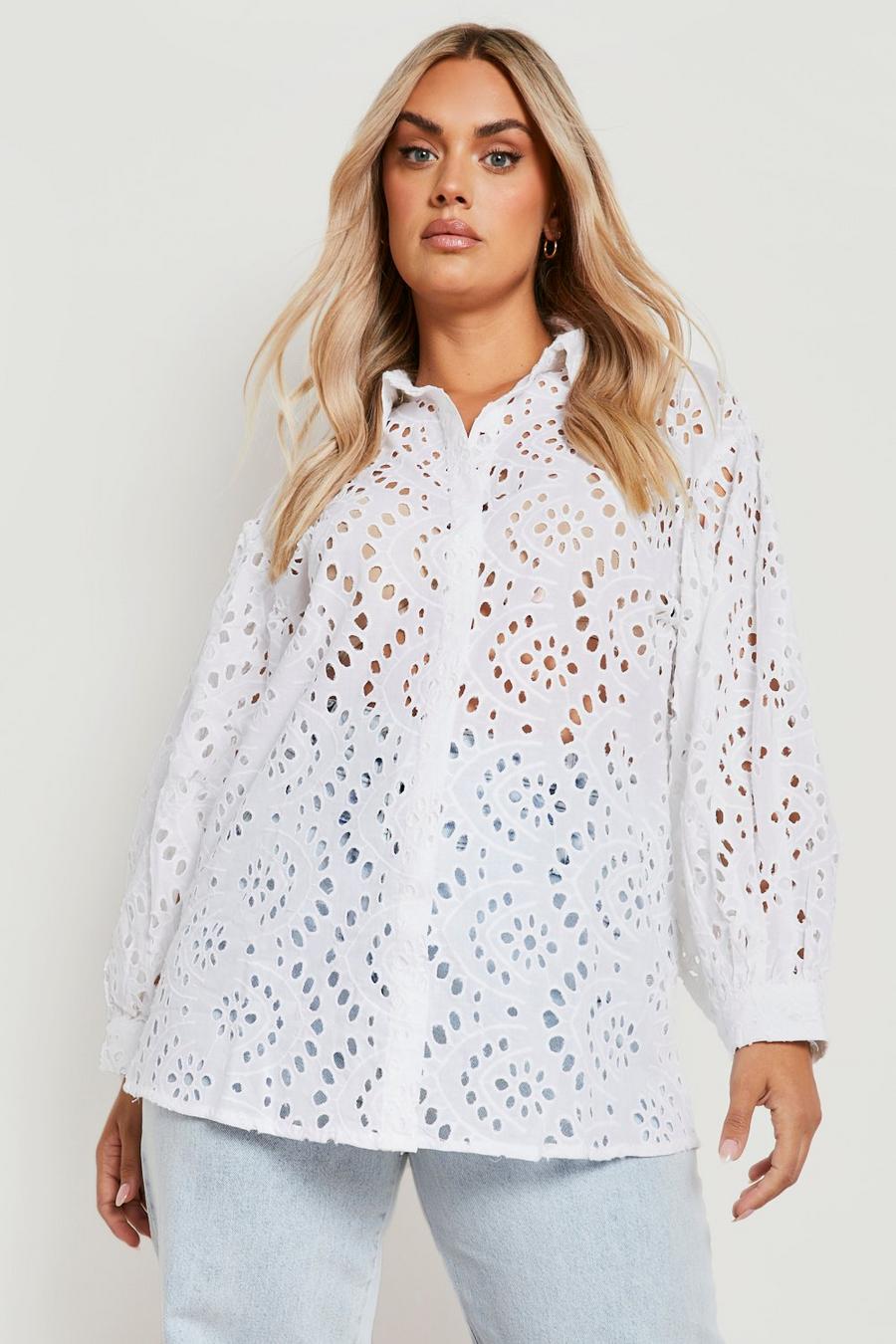 Camicia Plus Size oversize in pizzo sangallo, White image number 1