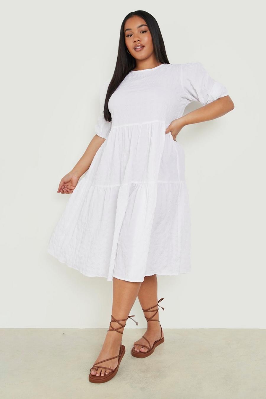 White Plus Textured Puff Sleeve Tiered Smock Dress