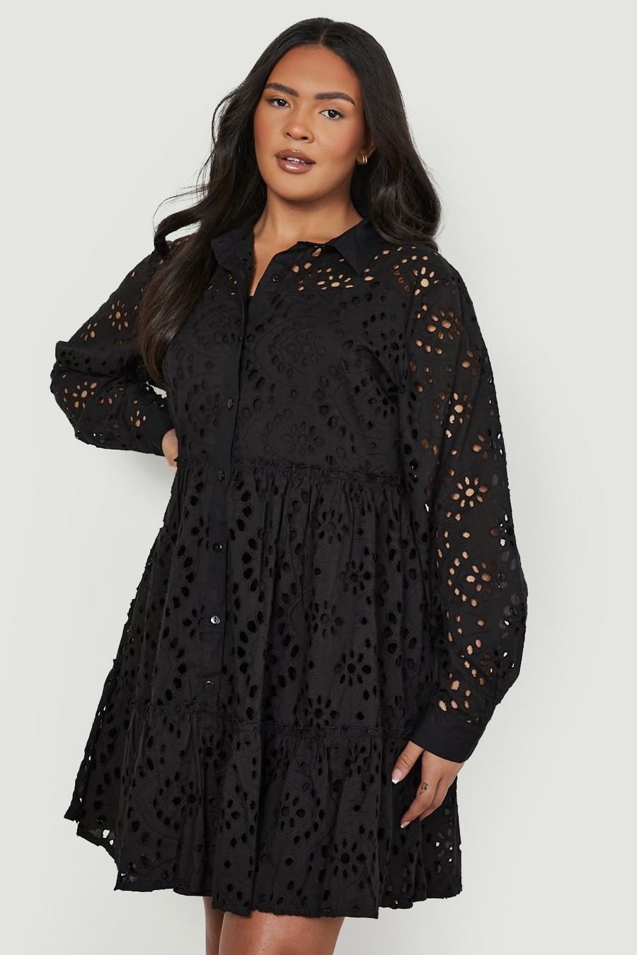 Black Plus Broderie Tiered Shirt Dress image number 1