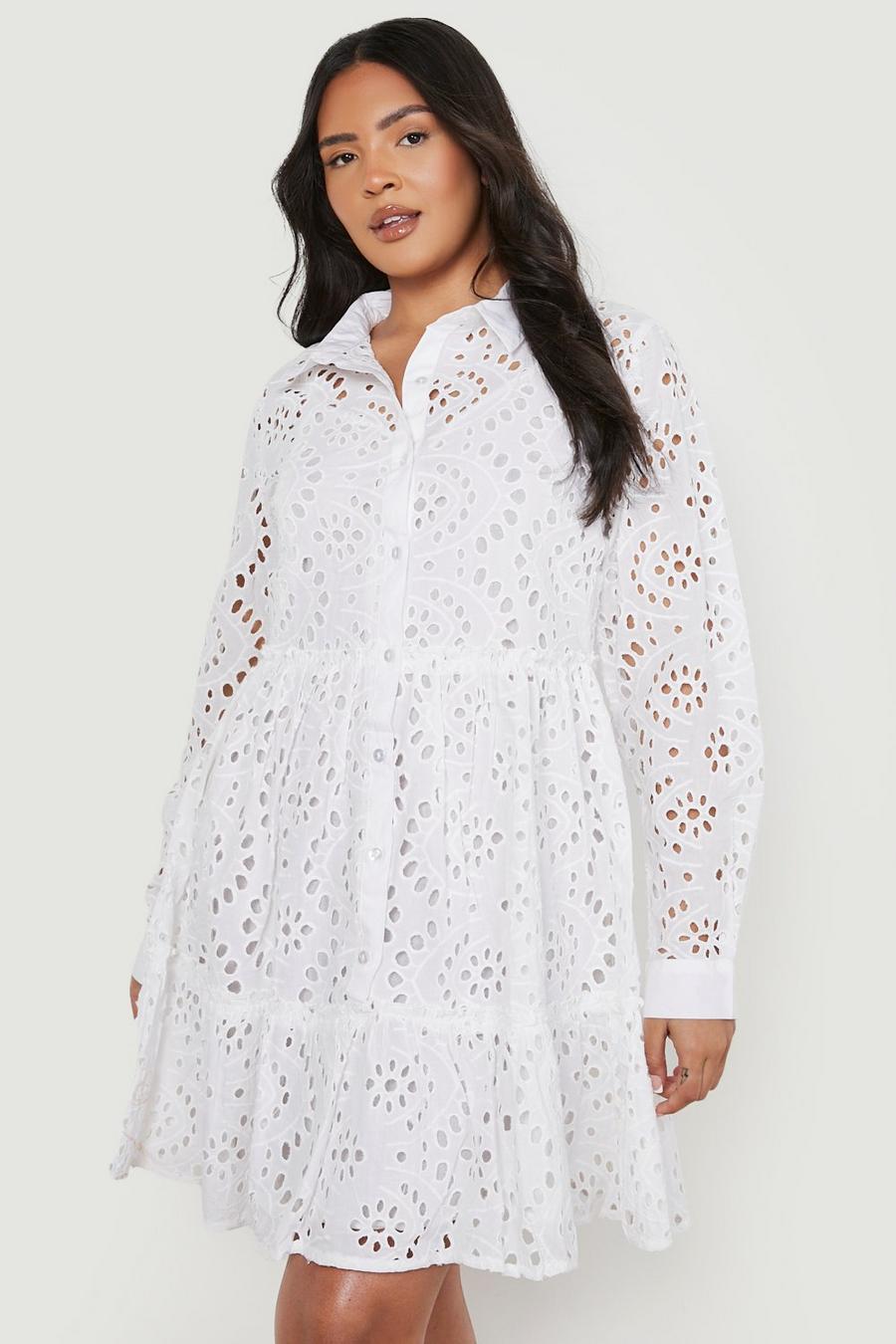 White Plus Broderie Tiered Shirt Dress image number 1