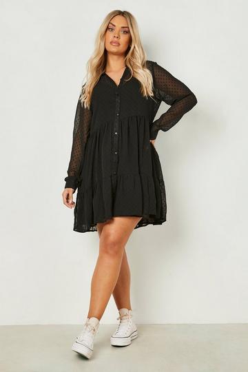 Black Plus Dobby Collard Smock Dress