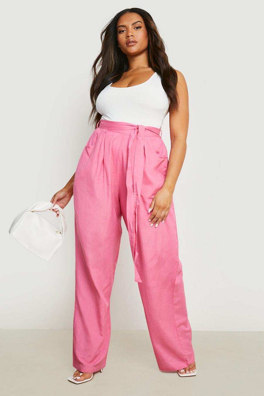 Pantalón Plus de pernera ancha y lino con cinturón, Hot pink